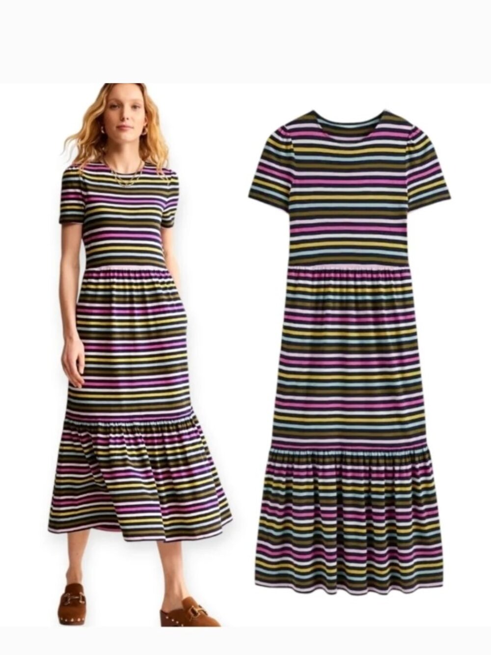 Boden Emma Tiered Jersey Midi Dress, Navy Yellow Multistripe 16R